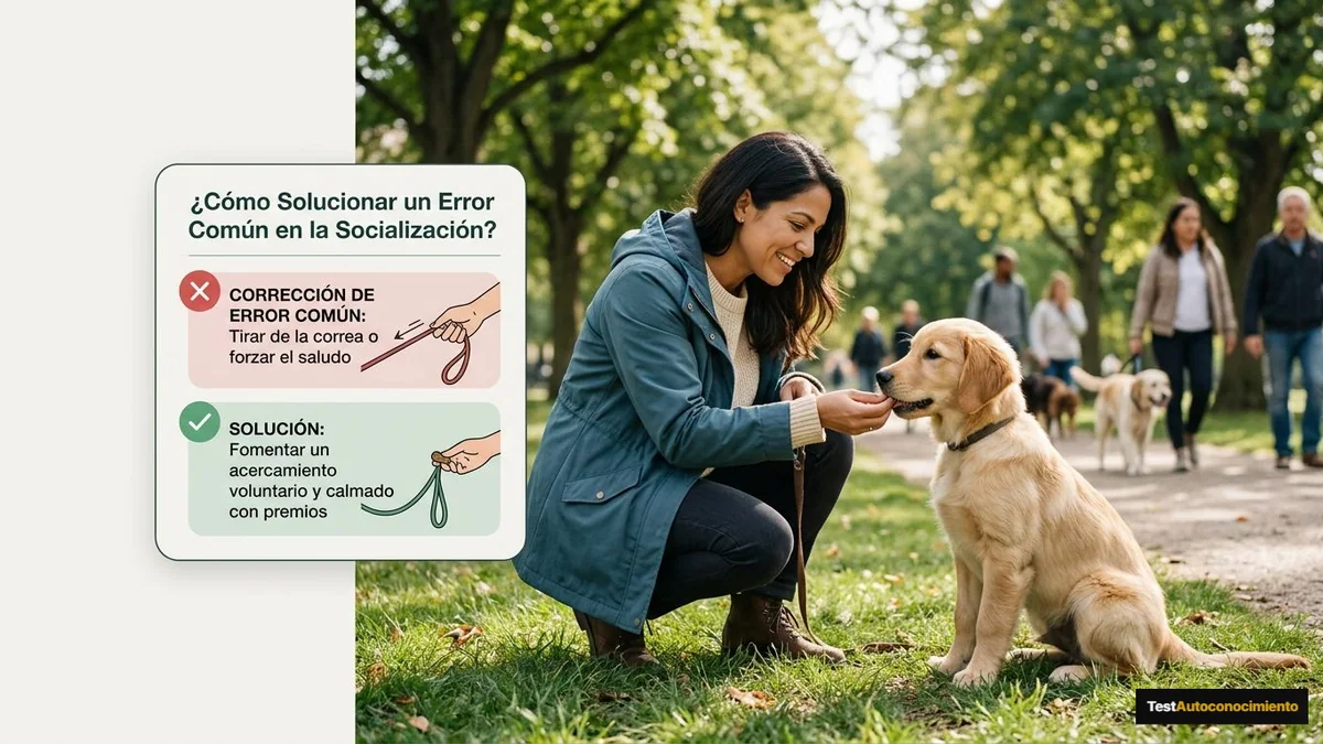 Imagen editorial de a dog owner using positive reinforcement during a concrete training moment in a sunlit park, with the dog visibly responding; a recognizable mistake with visual warning cues and a concrete corrective action, creating curiosity about the solution. Artículo: Cómo Socializar a un Cachorro Correctamente en sus Primeras Semanas (2026)