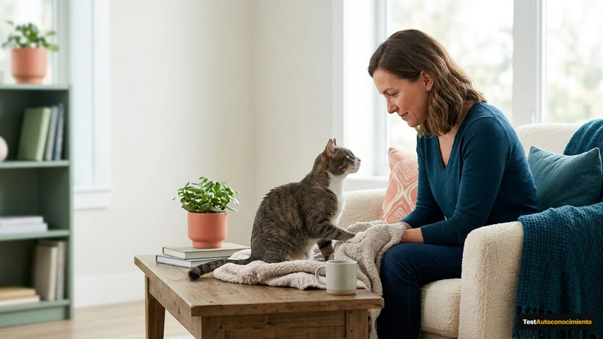 Imagen editorial de a cat owner decoding a domestic cat body-language moment, with a close trust-building interaction in a calm home; a balanced visual choice between two clearly different paths, with a decision still open so the reader wants the verdict. Artículo: ¿Cuánto cuesta tener un perro al mes en España? Presupuesto real en 2026