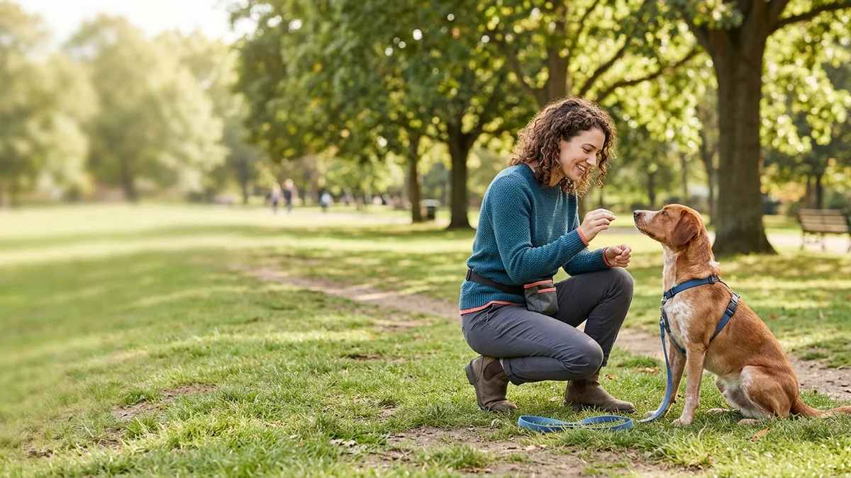 Imagen editorial de una persona guiando a un perro feliz con refuerzo positivo en un parque luminoso, con una actitud paciente y una interacción cercana. Artículo: Curso Educanino vs Entiende a tu Perro: comparativa 2026
