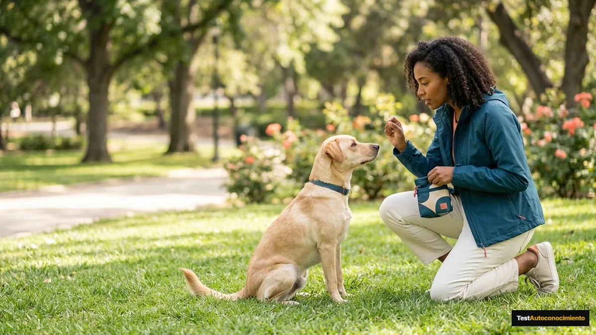 Imagen editorial de a dog owner using positive reinforcement during a concrete training moment in a sunlit park, with the dog visibly responding; an honest editorial review scene with a decisive evaluation gesture, visible criteria and a focal object worth examining. Artículo: Educanino: análisis completo del curso y qué aprenderás realmente (2026)