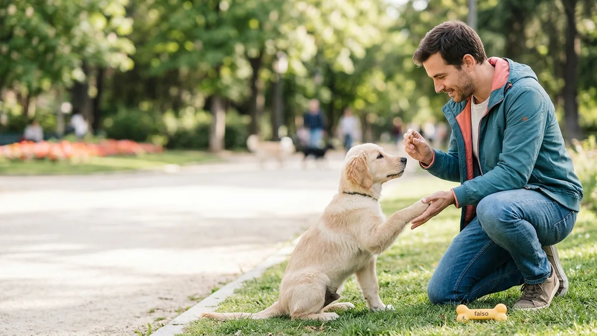 Imagen editorial de a dog owner using positive reinforcement during a concrete training moment in a sunlit park, with the dog visibly responding; a recognizable mistake with visual warning cues and a concrete corrective action, creating curiosity about the solution. Artículo: Los 5 Errores Más Comunes al Adiestrar a un Cachorro en 2026 (y Cómo Evitarlos)