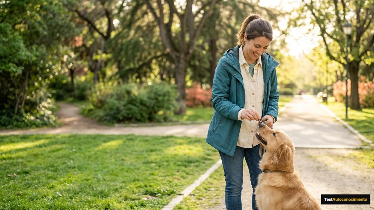 Imagen editorial de a dog owner using positive reinforcement during a concrete training moment in a sunlit park, with the dog visibly responding; a balanced visual choice between two clearly different paths, with a decision still open so the reader wants the verdict. Artículo: Mejores Cursos de Adiestramiento Canino Online en Español 2026: Comparativa Honesta