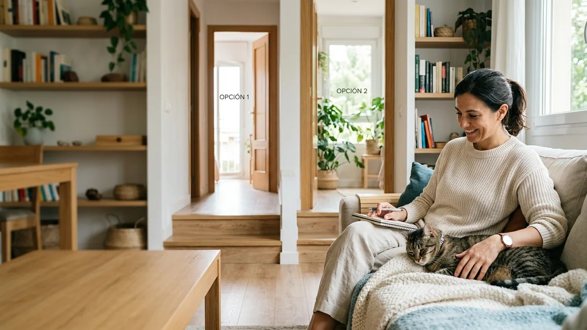 Imagen editorial de a cat owner decoding a domestic cat body-language moment, with a close trust-building interaction in a calm home; a balanced visual choice between two clearly different paths, with a decision still open so the reader wants the verdict. Artículo: Nutricion Felina 2026: analisis editorial de la guia