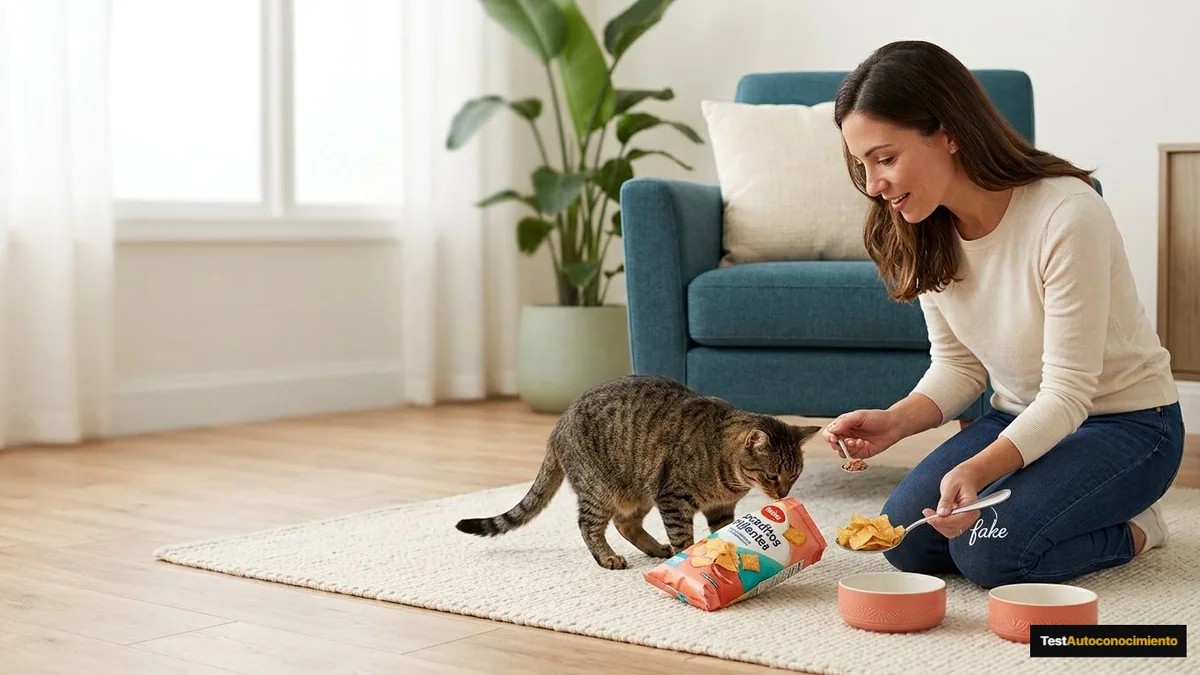 Imagen editorial de a cat owner decoding a domestic cat body-language moment, with a close trust-building interaction in a calm home; a recognizable mistake with visual warning cues and a concrete corrective action, creating curiosity about the solution. Artículo: Nutrición Felina Natural en 2026: Cómo Mejorar la Dieta de tu Gato sin Caer en Modas