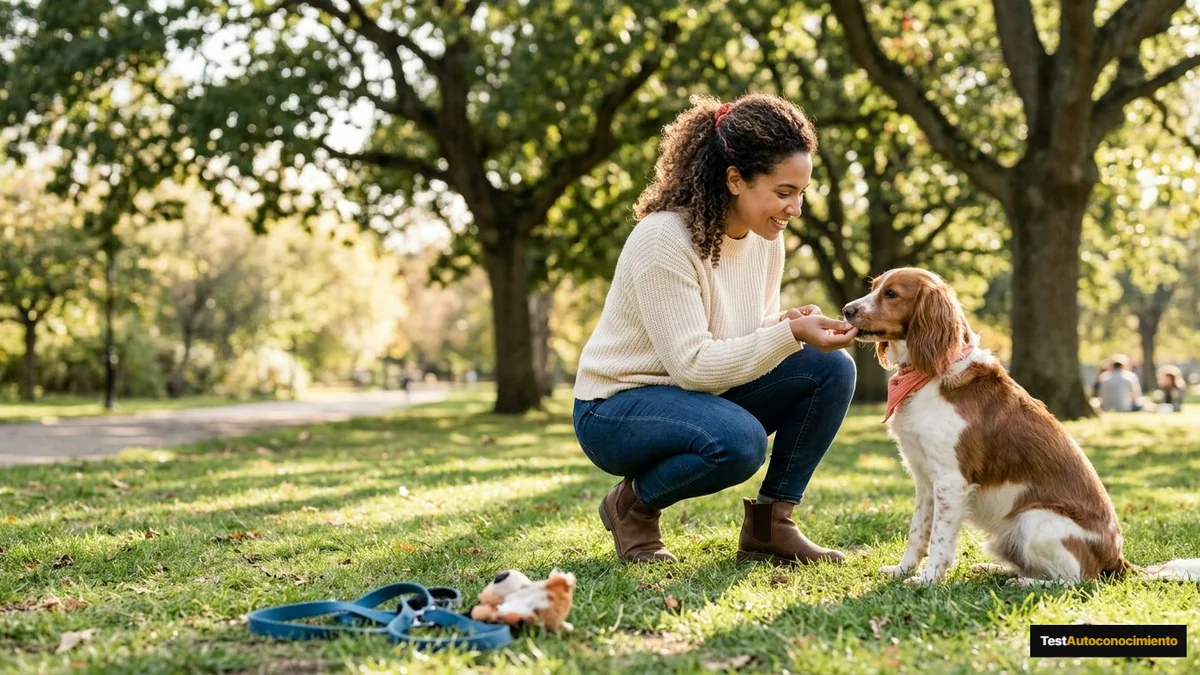 Imagen editorial de a dog owner using positive reinforcement during a concrete training moment in a sunlit park, with the dog visibly responding; a recognizable mistake with visual warning cues and a concrete corrective action, creating curiosity about the solution. Artículo: Por qué tu perro destroza cosas cuando te vas y cómo solucionarlo (Guía 2026)