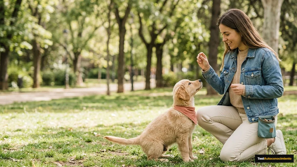 Imagen editorial de a dog owner using positive reinforcement during a concrete training moment in a sunlit park, with the dog visibly responding; a curated selection of distinct alternatives with hierarchy and contrast, inviting the reader to discover which one wins. Artículo: Primeros 30 Días con un Cachorro en Casa: Rutina Día a Día (2026)