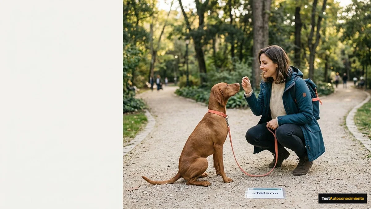 Imagen editorial de a dog owner using positive reinforcement during a concrete training moment in a sunlit park, with the dog visibly responding; a balanced visual choice between two clearly different paths, with a decision still open so the reader wants the verdict. Artículo: Primeros Auxilios para Perros: Guía de Decisión en 2026