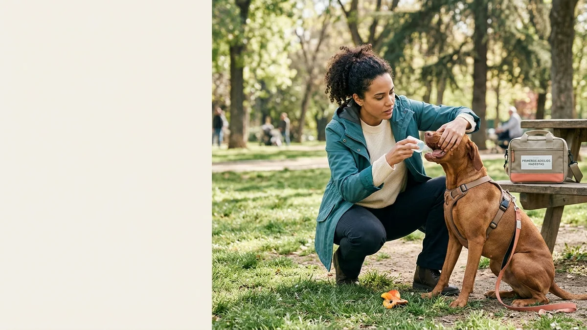 Imagen editorial de a dog owner using positive reinforcement during a concrete training moment in a sunlit park, with the dog visibly responding; a recognizable mistake with visual warning cues and a concrete corrective action, creating curiosity about the solution. Artículo: Qué Hacer si tu Perro se Intoxica: Guía de Primeros Auxilios Paso a Paso 2026