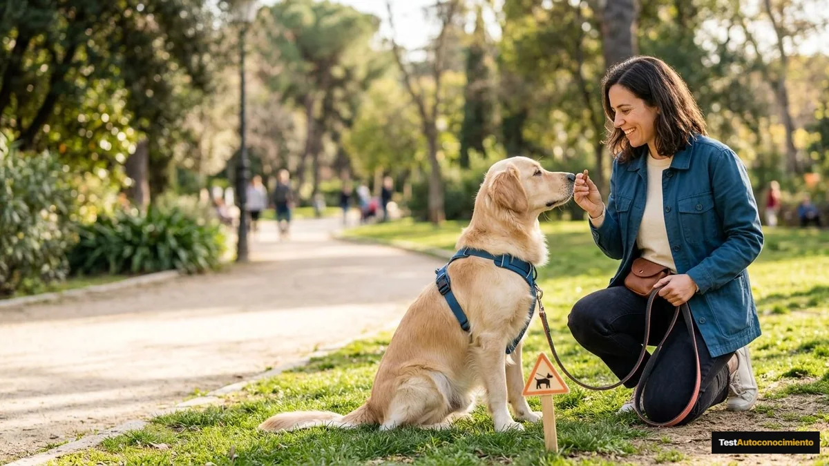 Imagen editorial de a dog owner using positive reinforcement during a concrete training moment in a sunlit park, with the dog visibly responding; a recognizable mistake with visual warning cues and a concrete corrective action, creating curiosity about the solution. Artículo: Salud e Higiene Canina en 2026: Comparativa de Guías Básicas