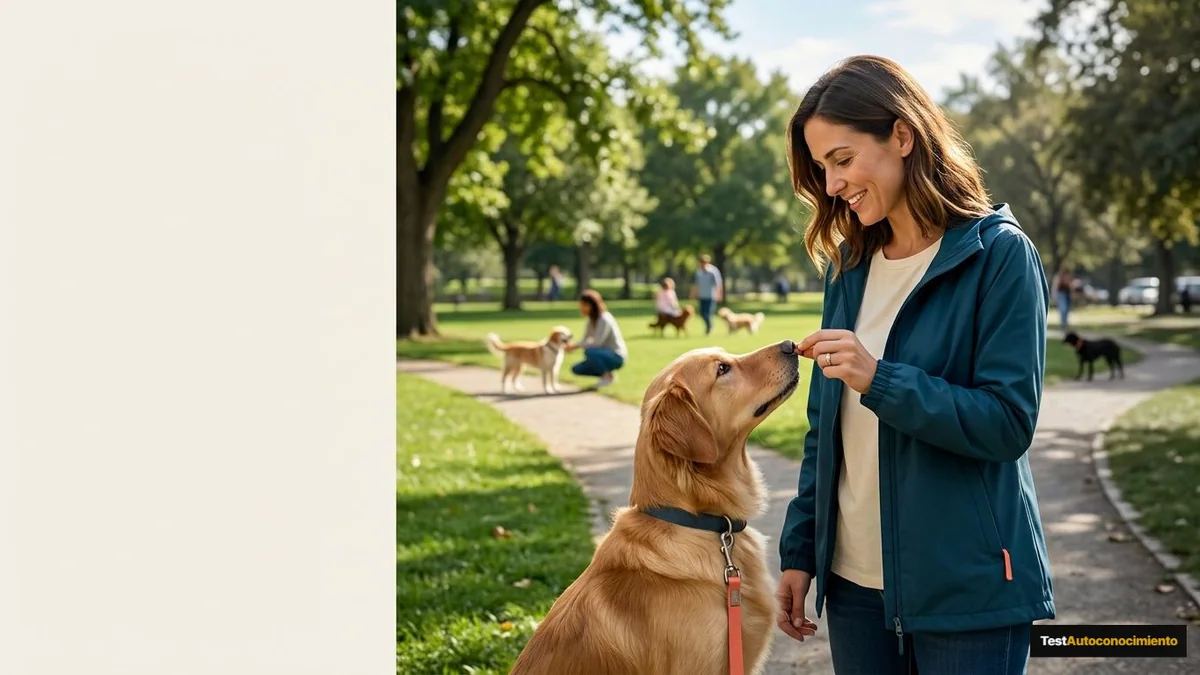Imagen editorial de a dog owner using positive reinforcement during a concrete training moment in a sunlit park, with the dog visibly responding; a balanced visual choice between two clearly different paths, with a decision still open so the reader wants the verdict. Artículo: Salud y Cuidado Canino en 2026: Guía Integral Preventiva