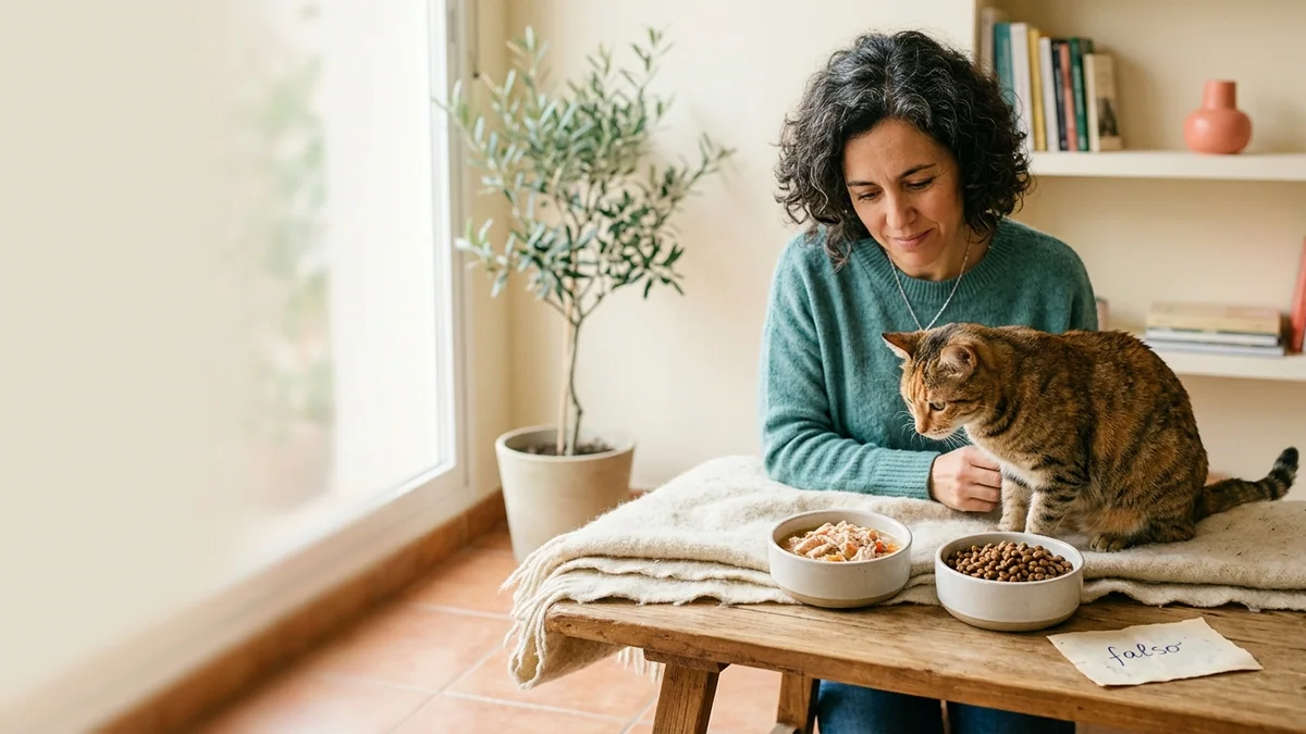 Imagen editorial de a cat owner decoding a domestic cat body-language moment, with a close trust-building interaction in a calm home; a balanced visual choice between two clearly different paths, with a decision still open so the reader wants the verdict. Artículo: Salud y Nutrición Felina 2026: la Guía Definitiva para tu Gato