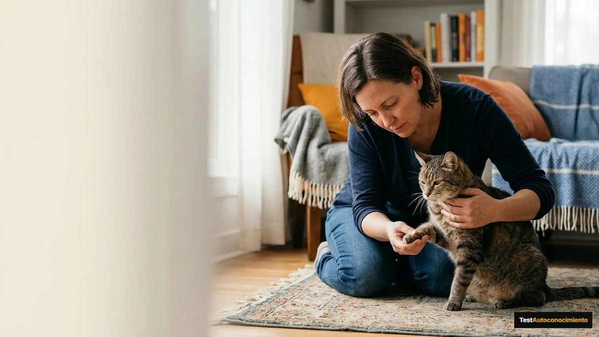 Imagen editorial de a cat owner decoding a domestic cat body-language moment, with a close trust-building interaction in a calm home; a visual roadmap from problem to result, with a clear progression and a feeling of practical transformation. Artículo: Señales de que tu Mascota Mayor Necesita Atención Veterinaria Urgente (2026)