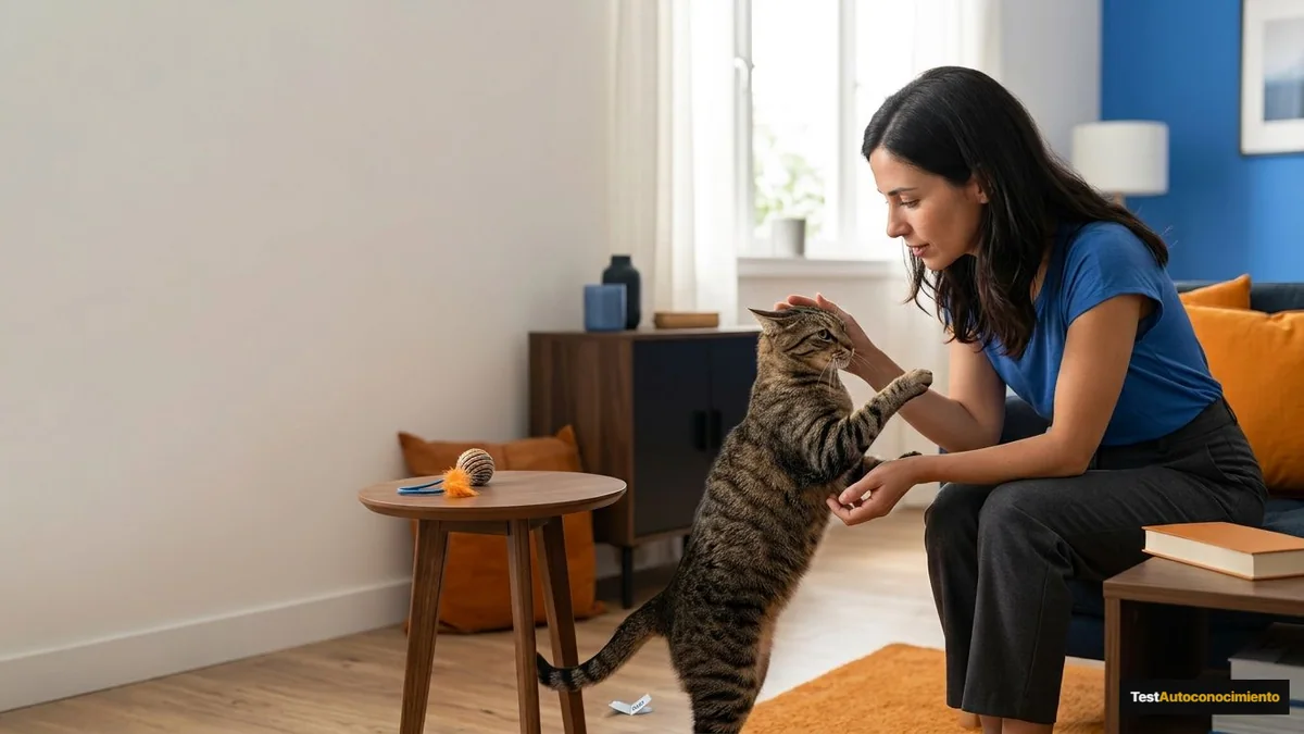 Imagen editorial de a cat owner decoding a domestic cat body-language moment, with a close trust-building interaction in a calm home; a recognizable mistake with visual warning cues and a concrete corrective action, creating curiosity about the solution. Artículo: 7 errores al implementar Claude Code para desarrolladores en 2026