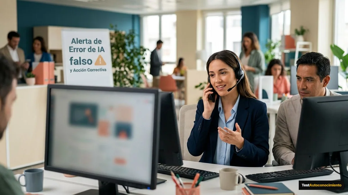 Imagen editorial de a customer-service operator handling a phone call with a headset while a client receives help, focused on the human interaction and no readable screens; a recognizable mistake with visual warning cues and a concrete corrective action, creating curiosity about the solution. Artículo: 7 errores con IA que arruinan tu negocio en 2026 (y su solución)