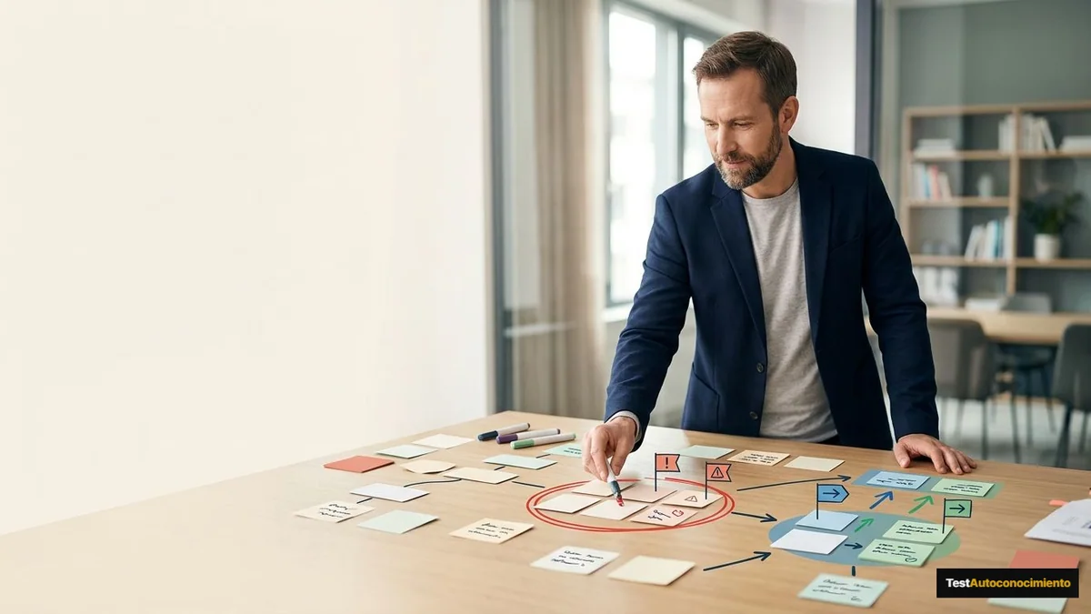 Imagen editorial de a B2B consultant mapping target accounts and qualified contacts on a physical strategy board, with a client decision moment and no readable text; a recognizable mistake with visual warning cues and a concrete corrective action, creating curiosity about the solution. Artículo: Agentes de IA en Español: Qué Son los Agentes Personalizados de Claude y Para Qué Sirven (2026)