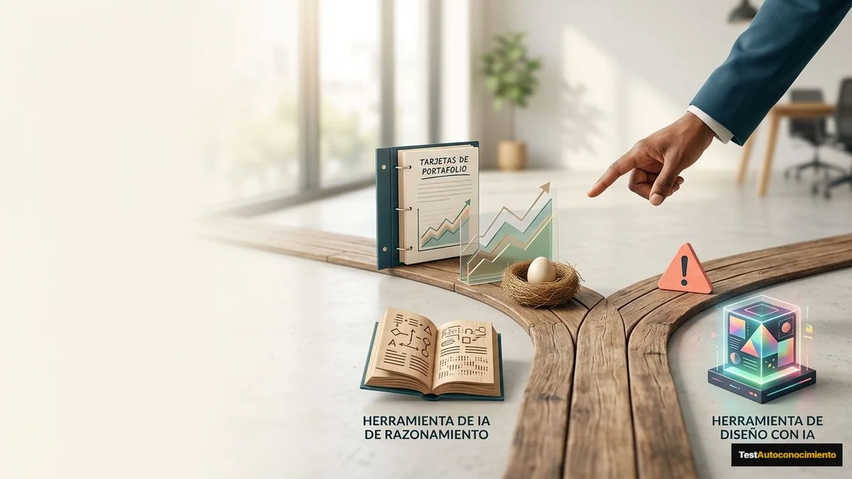 Imagen editorial de a concrete investment decision represented by a branching path, portfolio cards, an abstract growth chart and a protected nest egg, not a generic desk; a recognizable mistake with visual warning cues and a concrete corrective action, creating curiosity about the solution. Artículo: Claude IA vs Canva IA: qué herramienta necesita tu negocio en 2026
